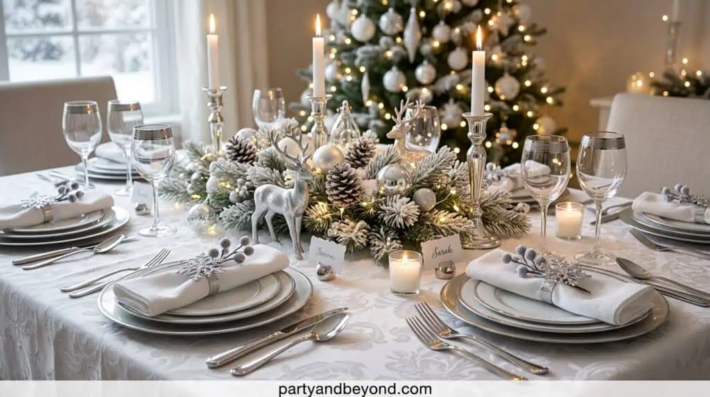 Christmas table decor with candles, pinecones, and silver accents for festive celebrations.