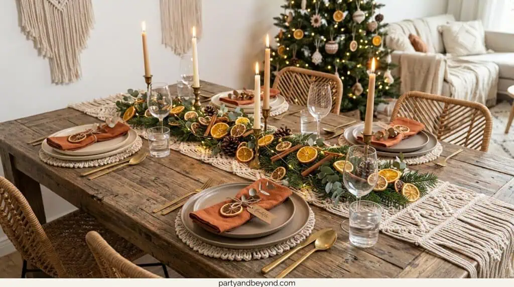 Festive holiday dining table with Christmas decorations, candles, and citrus accents for a cozy cele.