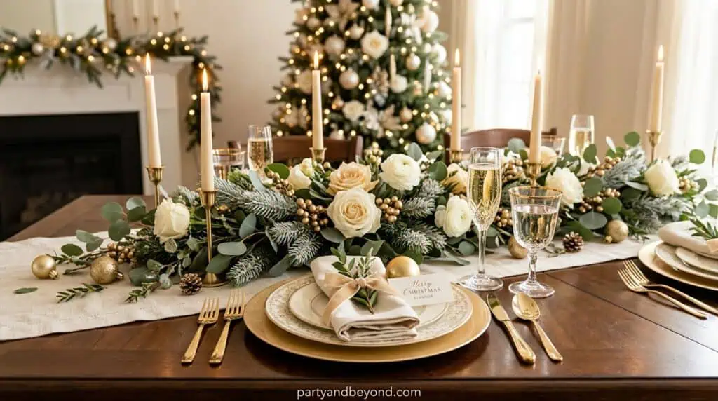 Christmas table decor with floral arrangement, candles, and elegant tableware.