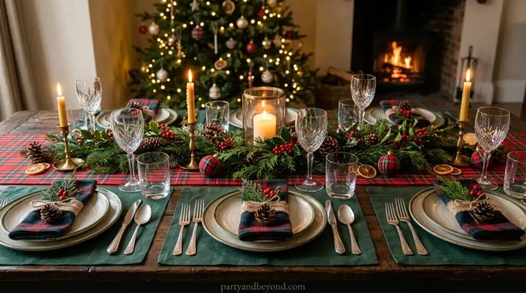 Plaid Christmas table setting with festive tartan decor and greenery