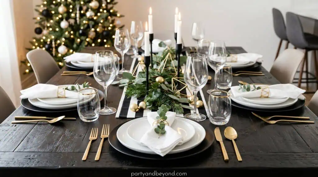 Modern minimalist Christmas table featuring black, white, and gold accents