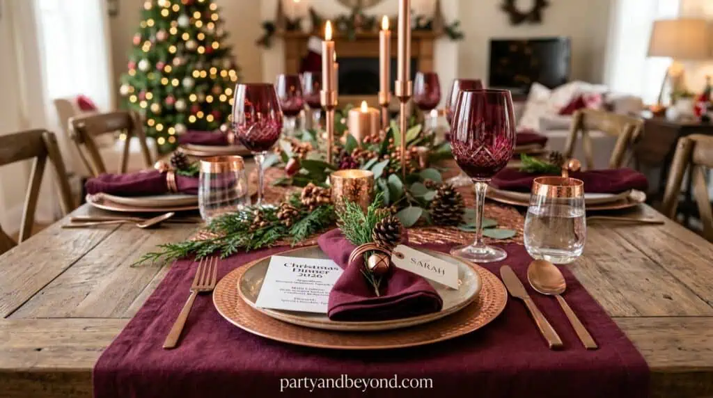 Copper and burgundy Christmas tablescape with candles and dried orange slices