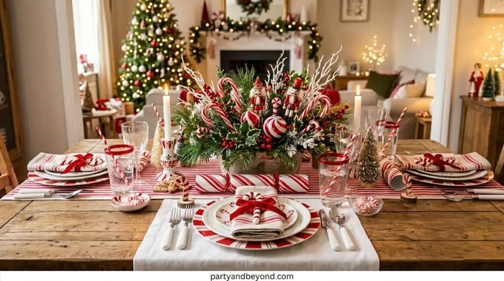 Christmas table setting with holiday-themed dishes and decorations.