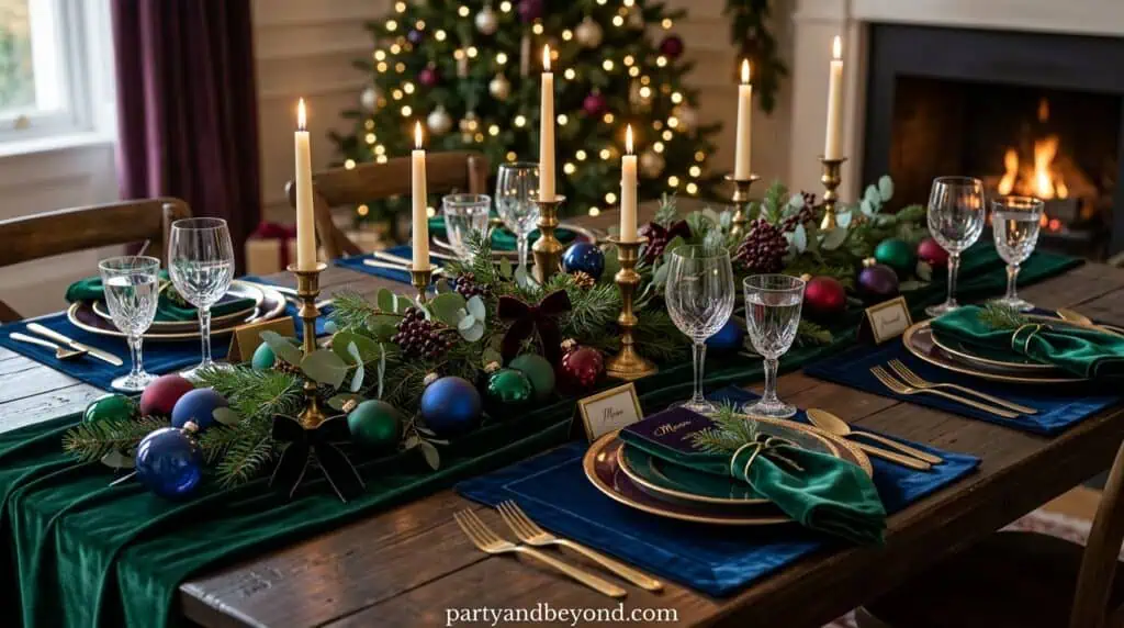 Luxury Christmas table featuring emerald velvet runner and jewel tone decor