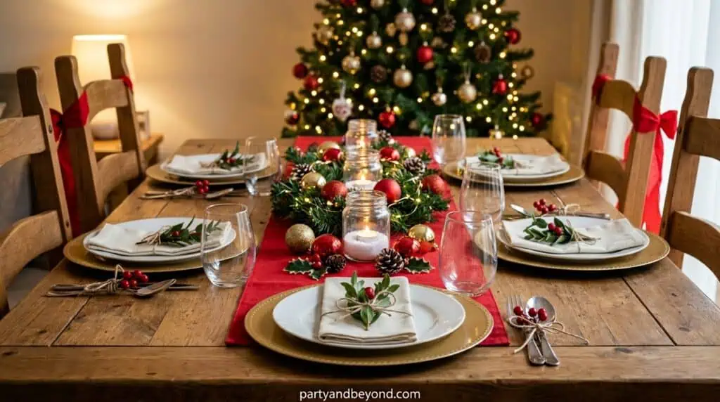 Affordable Christmas table setting created with Dollar Tree decorations