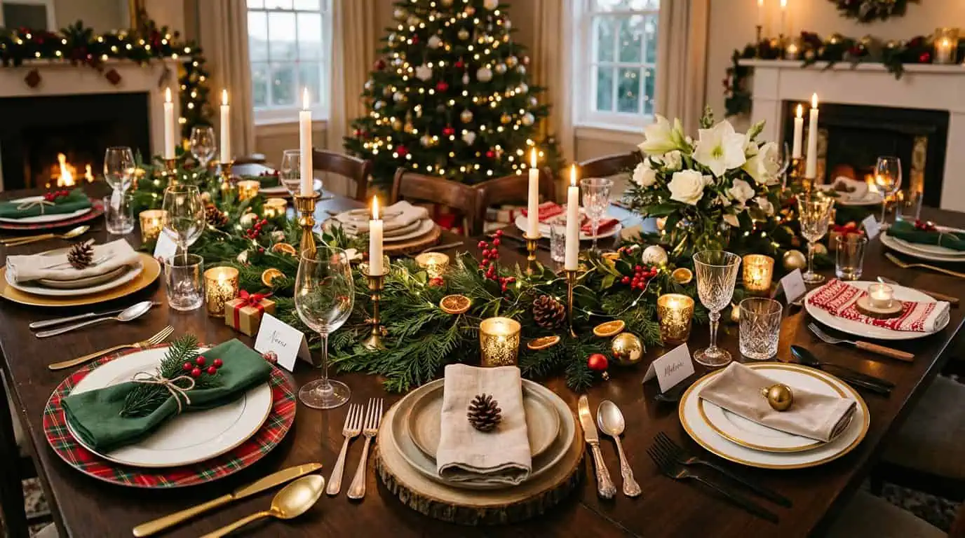 Christmas table setting with elegant decorations and festive ambiance.
