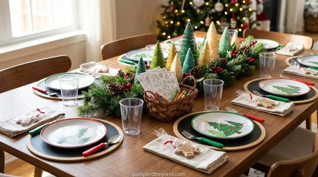 Fun Christmas table setup for kids with crafts and festive decorations