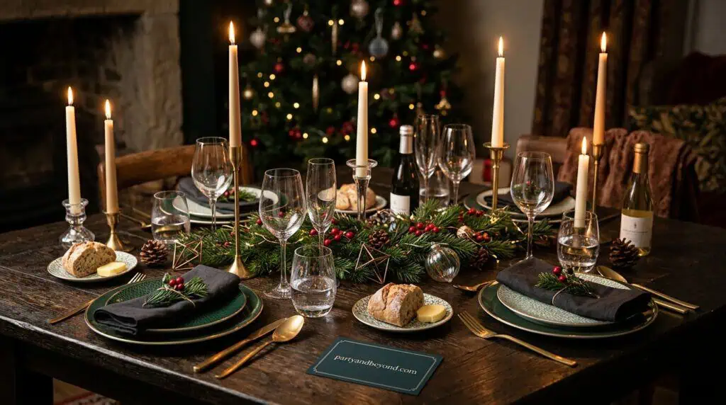 Romantic candlelit Christmas dinner table with warm festive ambiance Christmas Table Setting Ideas