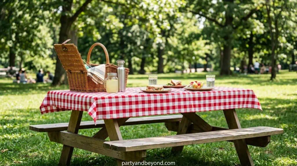Classic red checkered picnic table setup for a Fourth of July backyard cookout