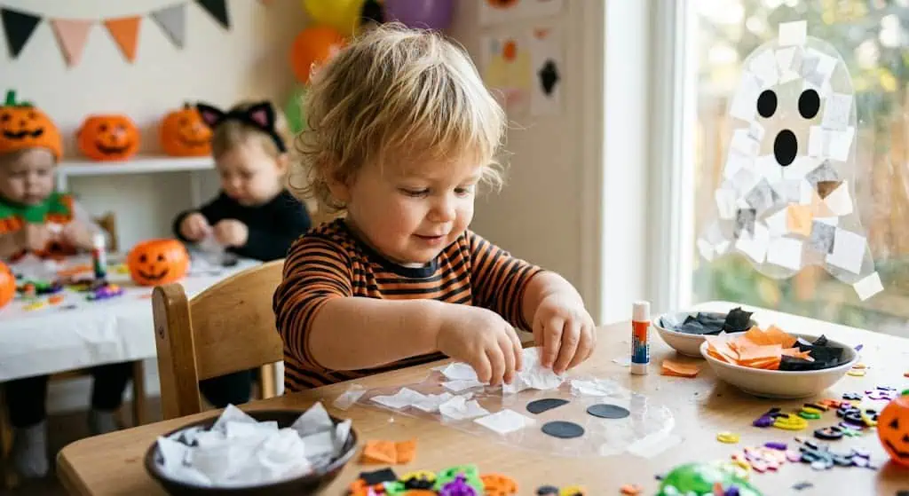 Young child making Halloween crafts with paper and decorations.