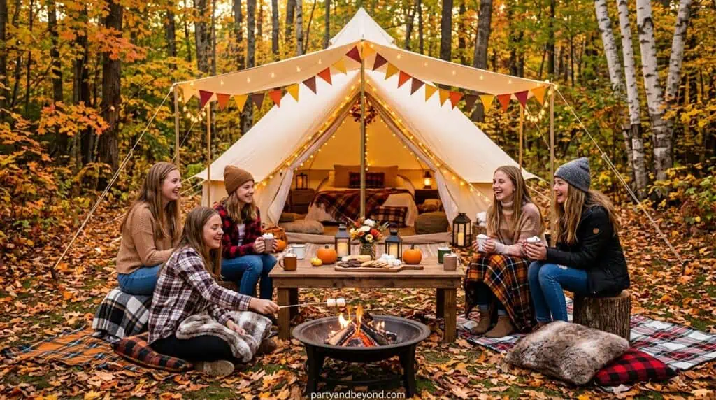 Fall glamping birthday party with tipi tents, fairy lights, blankets, and cozy sleepover setup