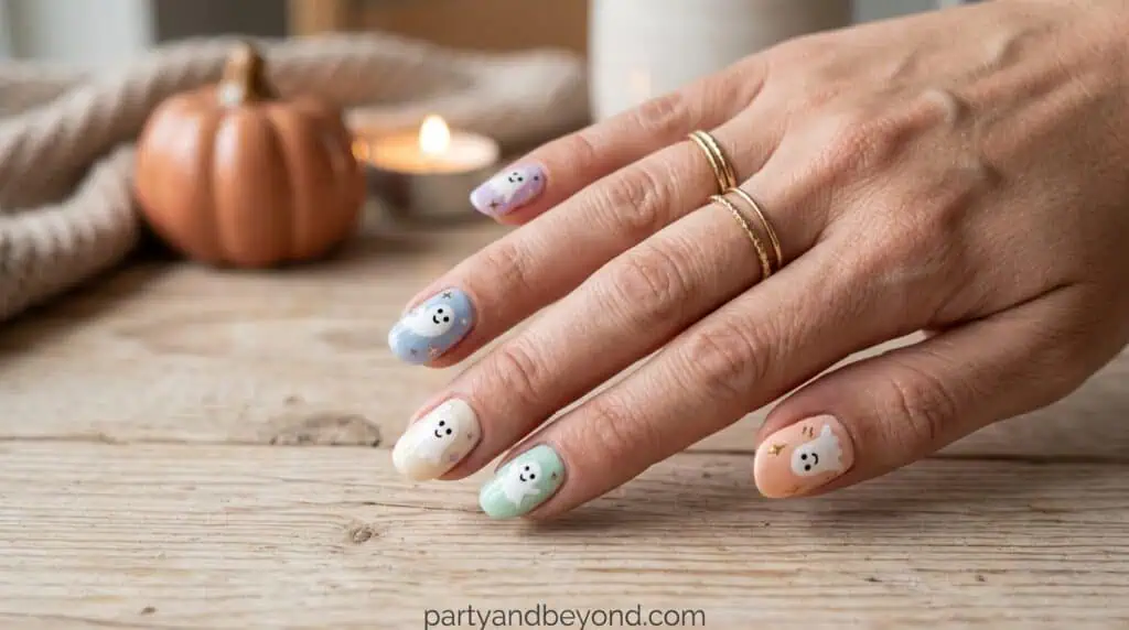 Soft pink or lavender base with cute white ghosts۔