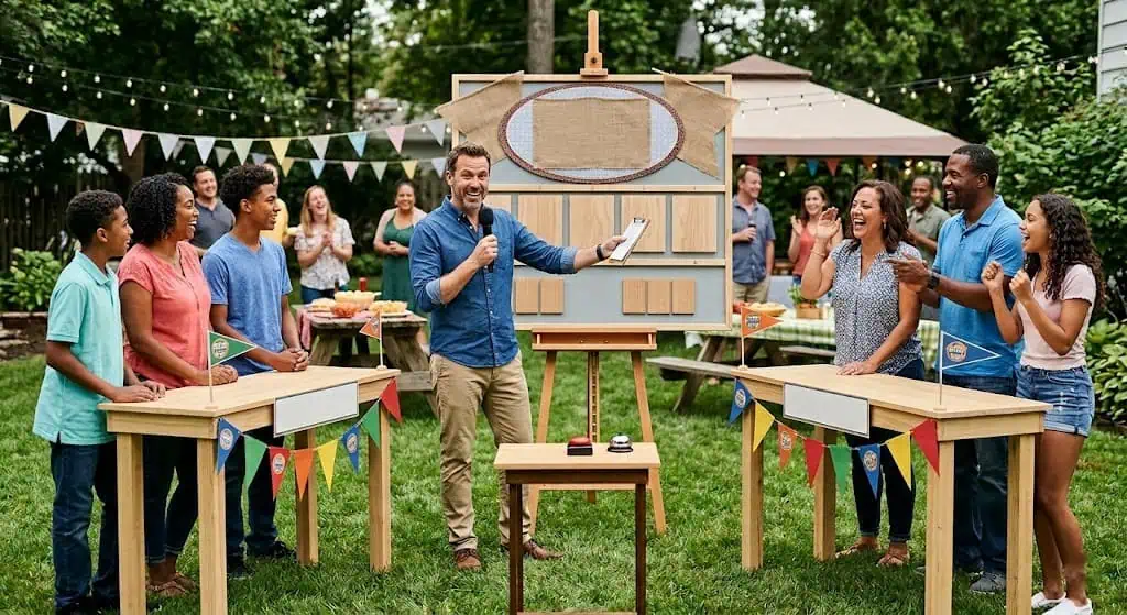 Group of friends enjoying an outdoor game night with a host and interactive activities.