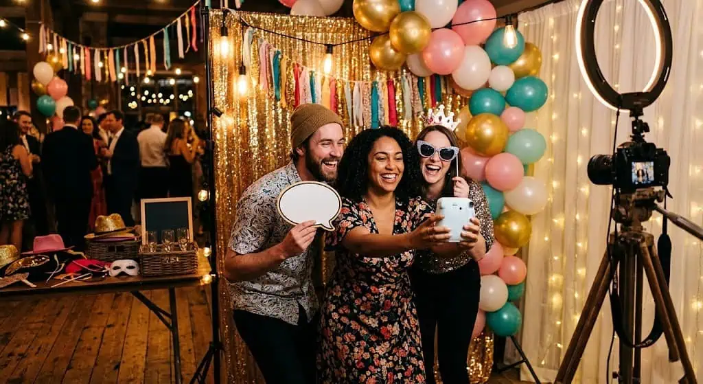 Happy friends taking a selfie at a festive party with balloons and decorations.