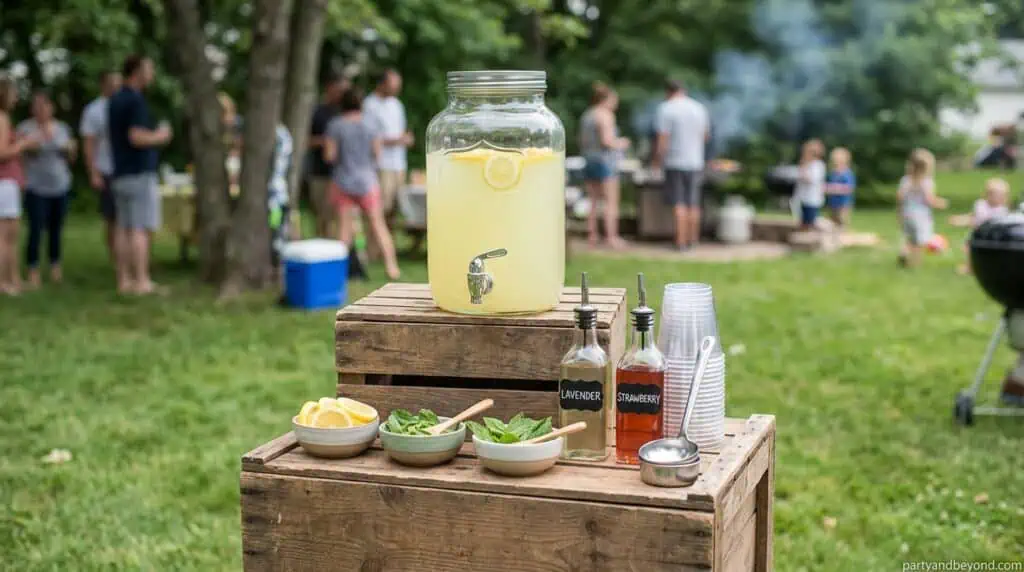 Glass lemonade dispenser with fresh lemons and mint on a rustic wooden crate table