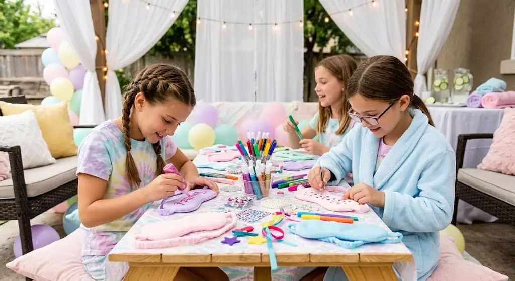 Girls creating DIY spa crafts at a girls' spa party with colorful supplies.