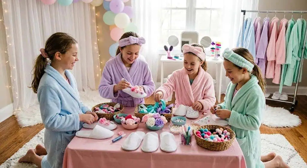 Girls enjoying a spa-themed DIY station with robes and plush slippers.