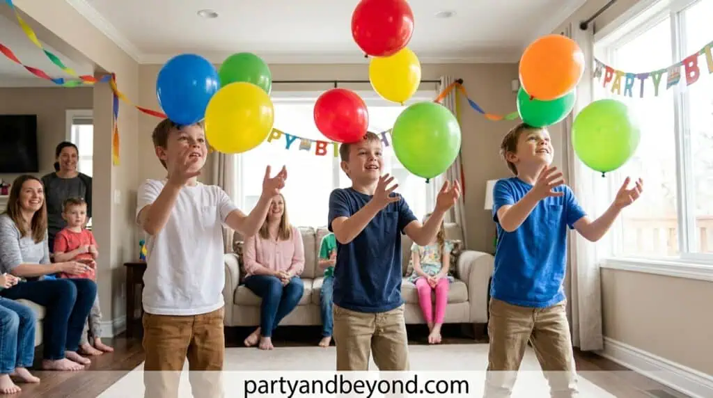 Kids keeping multiple balloons in the air during a party game