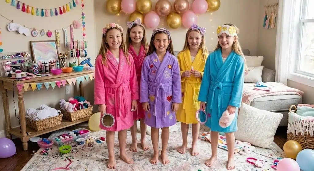 Girls in colorful robes enjoying a spa-themed party with decorations and gifts.