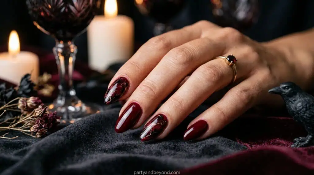 Deep red glossy nails = timeless Halloween elegance۔