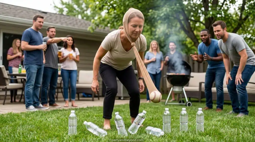 Party guest swinging a pantyhose pendulum to knock over water bottles