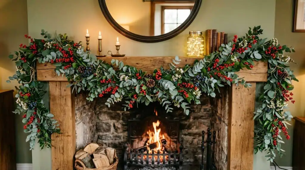 Fresh eucalyptus garland tablescape with red berry accents and candles