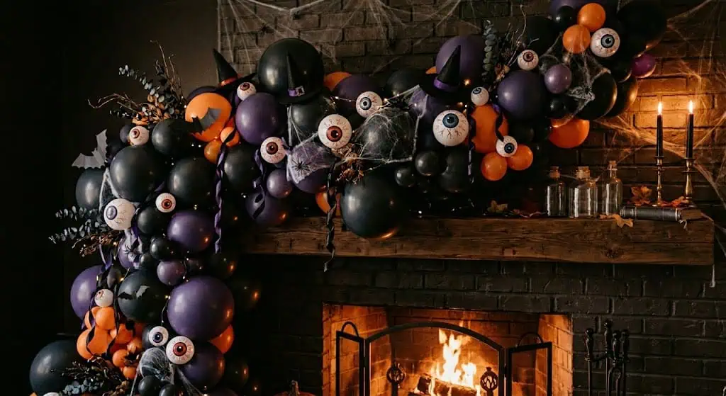Spooky Halloween balloon garland with eyeballs and witch hats.