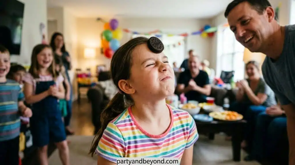 Child moving an Oreo cookie from forehead to mouth without using hands
