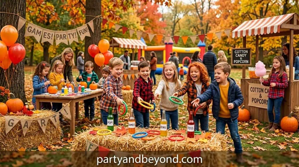 Backyard fall carnival birthday party with pumpkin games, popcorn station, and festive decorations