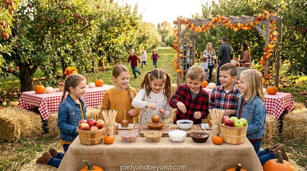 Apple orchard themed birthday party with red decor, apple treats, wooden crates, and cider station