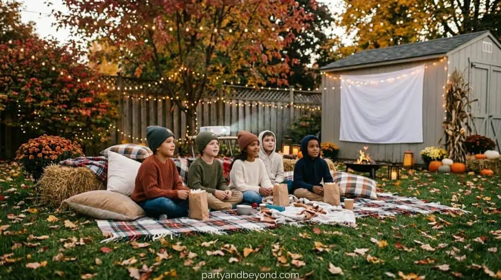 Outdoor fall movie night birthday party with projector screen, blankets, lanterns, and popcorn bar