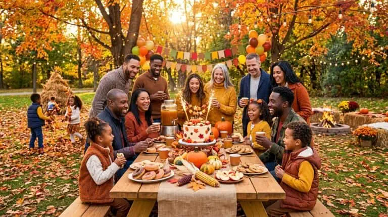 Happy family enjoying outdoor birthday party with autumn decorations and cake in park.