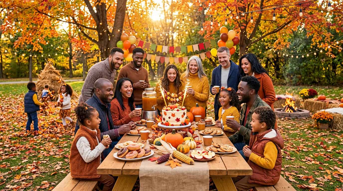 Happy family enjoying outdoor birthday party with autumn decorations and cake in park.