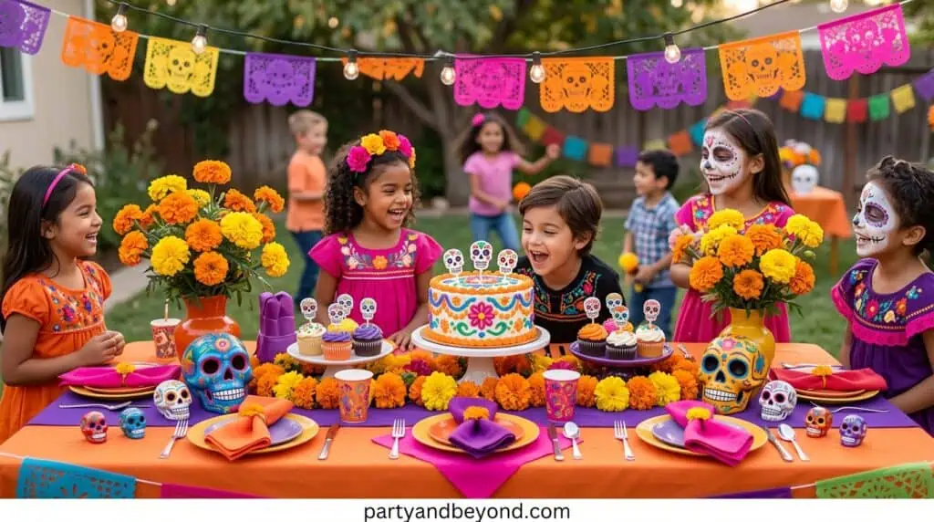 Colorful Día de los Muertos birthday celebration with marigolds, vibrant decorations, and festive tablescape. Fall Birthday Party Ideas