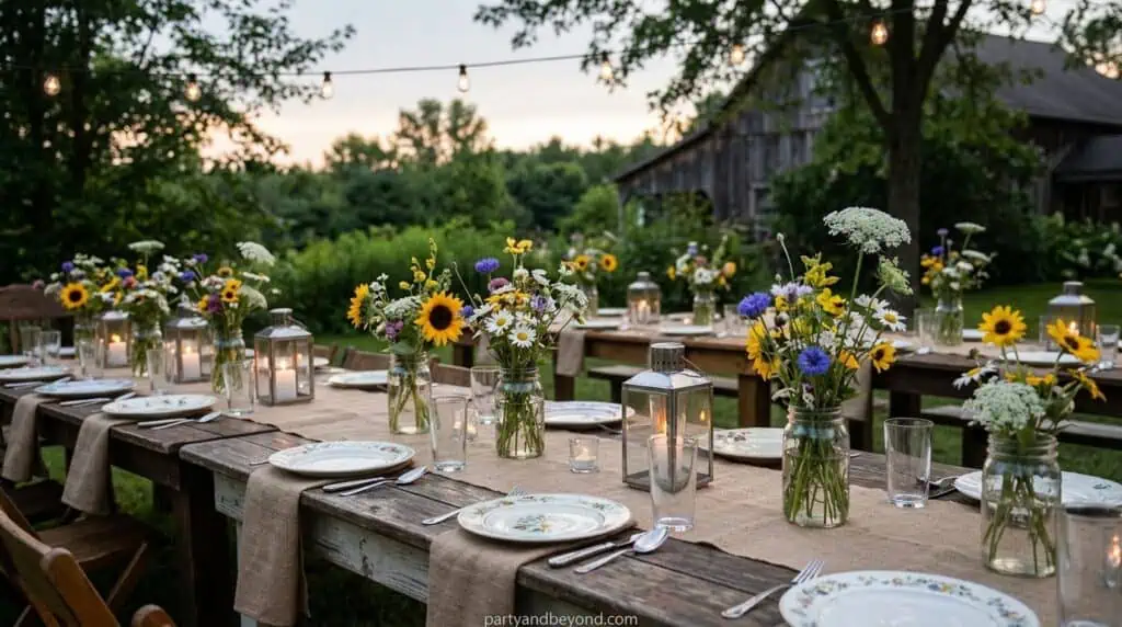 Rustic farmhouse-style BBQ setup with lanterns, mason jars, and wildflowers BBQ Party Ideas for Summer Cookouts