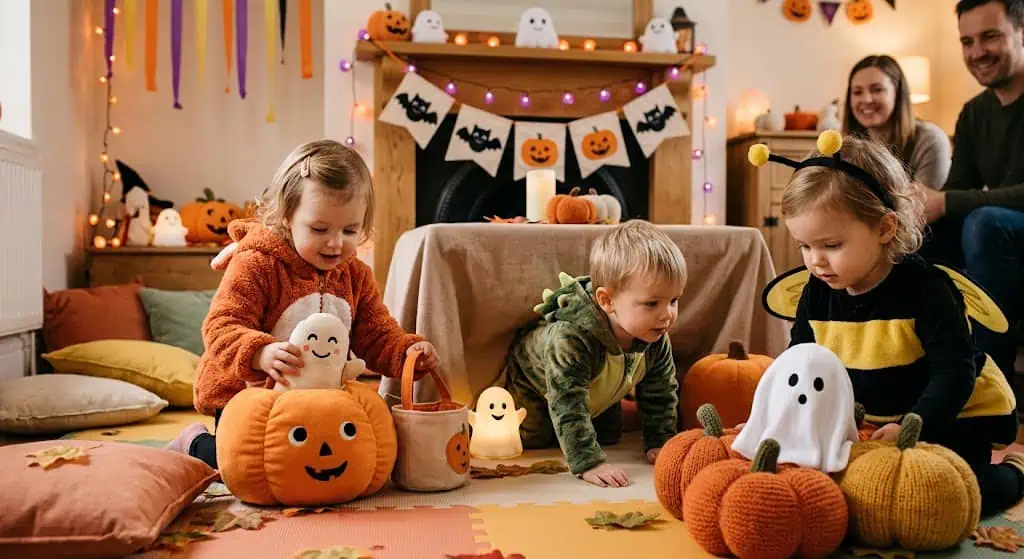 Kids playing with pumpkins and ghost decorations at a toddler Halloween party.