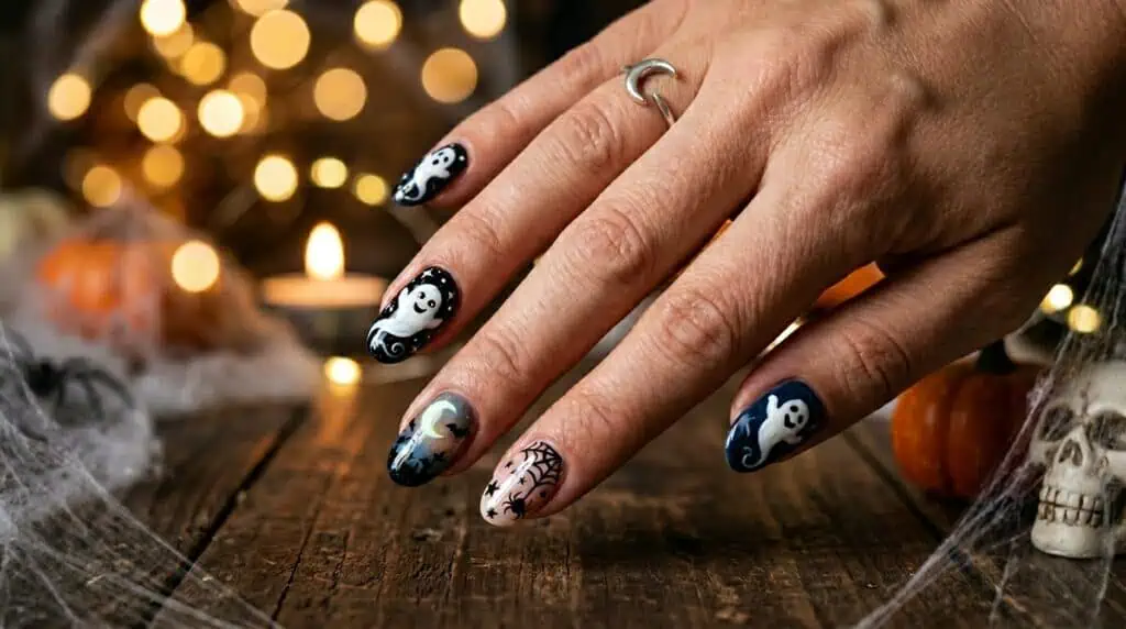 Small ghost shapes placed over a soft or ombre background to create a floating illusion.