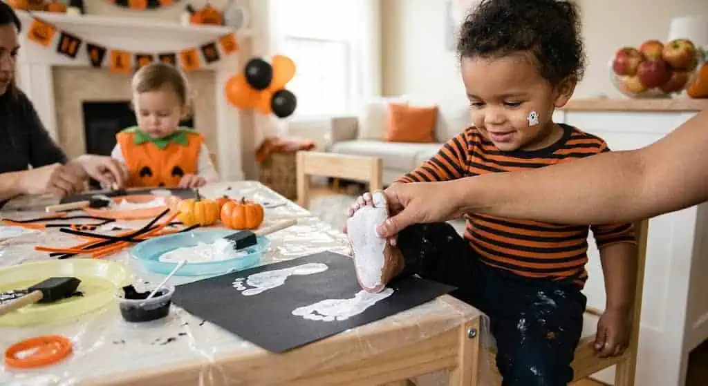 Young children enjoying Halloween craft activity with pumpkin decorations.