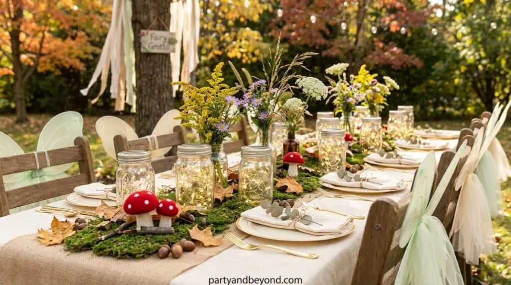 Enchanting forest fairy birthday party with woodland decor, fairy lights, mushrooms, and floral accents Fall Birthday Party Ideas
