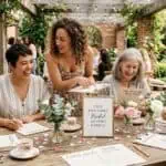 12 Free Printable Bridal Shower Games That Guests Will Actually Want to Play Group of women enjoying a bridal shower outdoors with flowers and decorations.