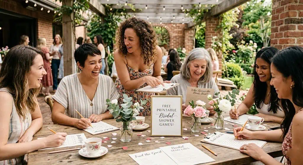 Group of women enjoying a bridal shower outdoors with flowers and decorations.