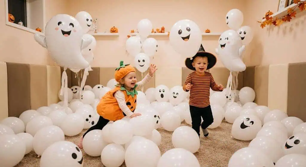 Kids in Halloween costumes playing with smiling ghost balloons.