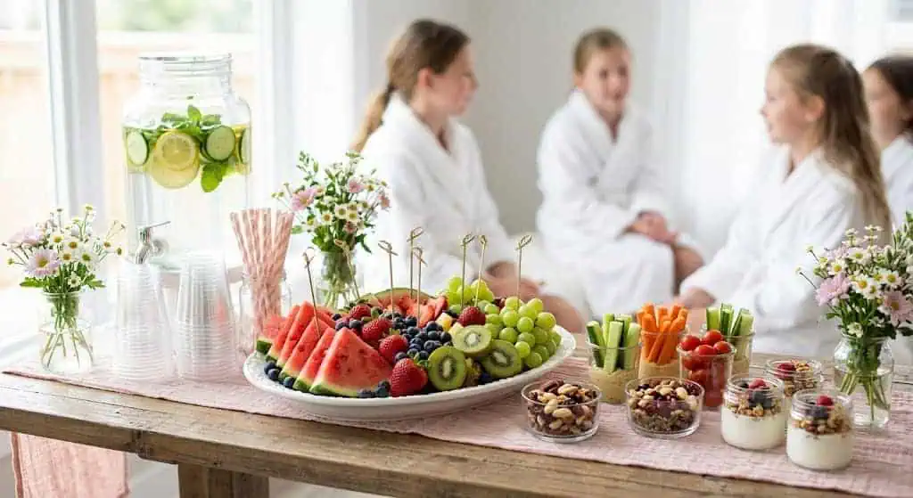 Girls in robes enjoying spa party with fruit and refreshments.