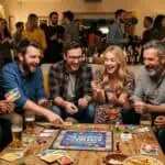 Fun Party Games for Adults That Break the Ice Group of friends enjoying a lively game night with drinks and laughter at Party & Beyond!.