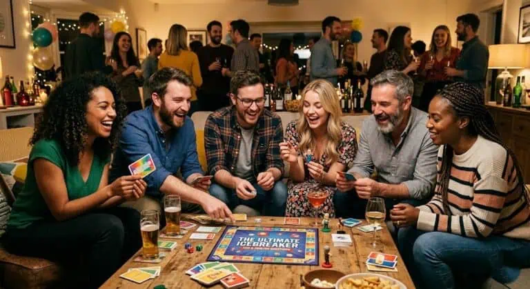 Group of friends enjoying a lively game night with drinks and laughter at Party & Beyond!.