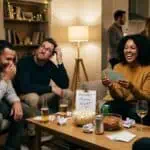 Funny Trivia Questions & Answers for Parties (That Actually Get People Playing) Friends enjoying a trivia night at a cozy home gathering.