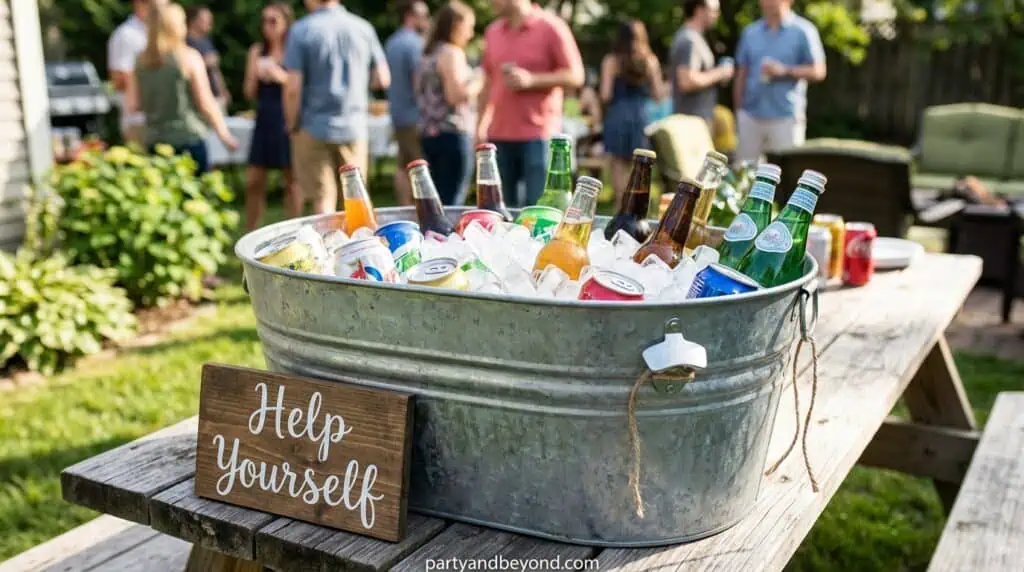 Ice-filled galvanized tub with drinks for self-serve BBQ party beverage station