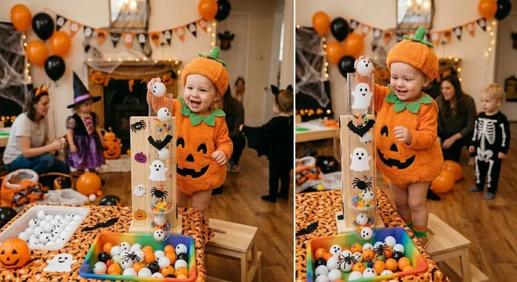 Cute toddler in pumpkin costume playing ring toss at Halloween party.