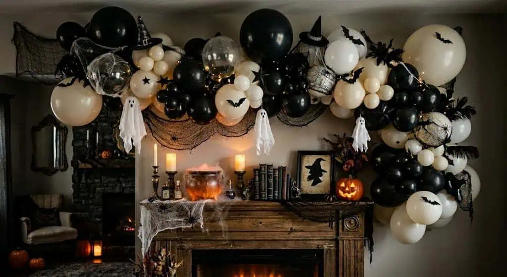 Black, white, and orange Halloween balloon garland with bats and ghosts.