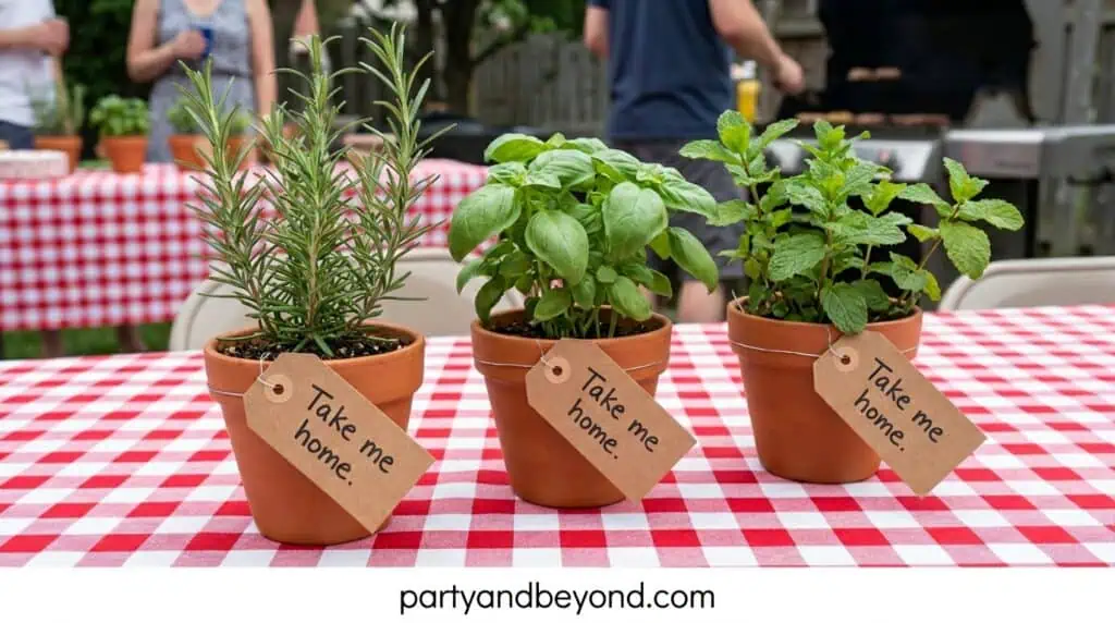 Outdoor BBQ table with gingham cloth and potted herbs used as centerpieces